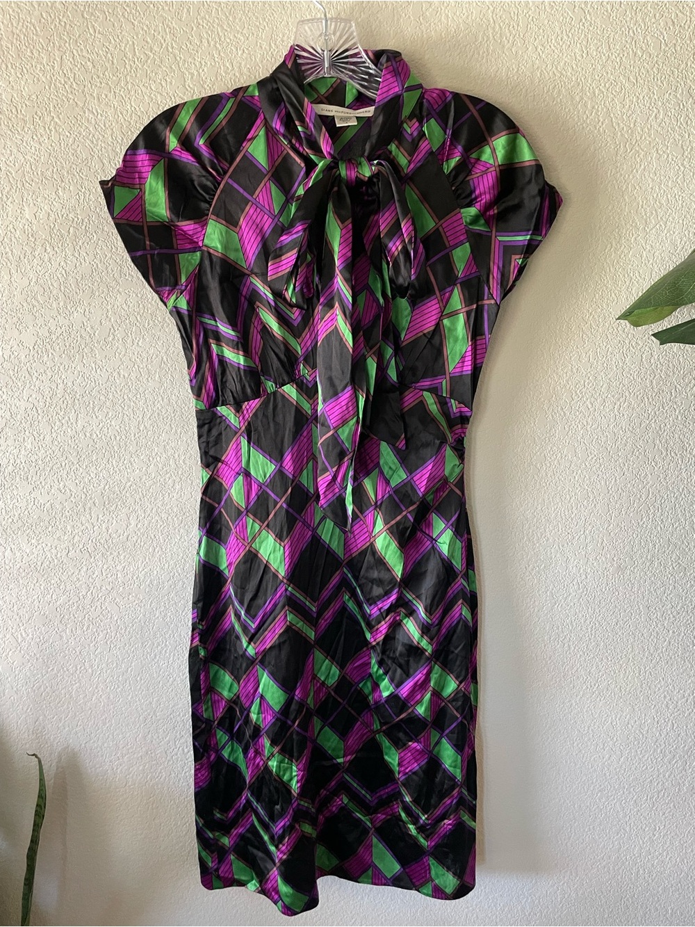 Diane Von Furstenberg Black Geometric Tie-Neck Dress with Purple & Green Accents
